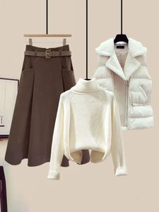 Tweedelige jurk Winter Warm 3 sets Outfits Office Dames coltrui gebreide trui wollen parka's vest hoge taille A-lijn rok 231102