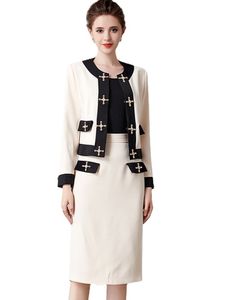 Tweede stuk jurk vrouw herfst mode runway set dames outfits kantoor werk slijtage elegante kleur blokjack en rokpakken beige 221010