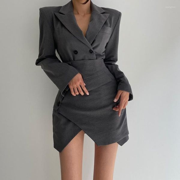 Deux pièces robe femmes élégant ensembles solide col cranté Double boutonnage manches longues Blazer enveloppant asymétrique Mini jupes 2022