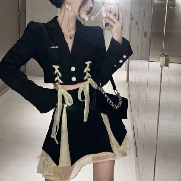 Robe de deux pièces femmes blazer costume coréen chic sexy noir noeud papillon recadrée sans taille maille flutter ceinture dentelle tops y2k mini jupes 2 ensemble