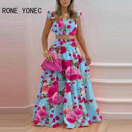 Vestido de dos piezas Mujer Chic Allover Print con mangas voladoras florales Crop Top Maxi Falda Cintura elástica Pliegues Conjuntos escalonados 230509