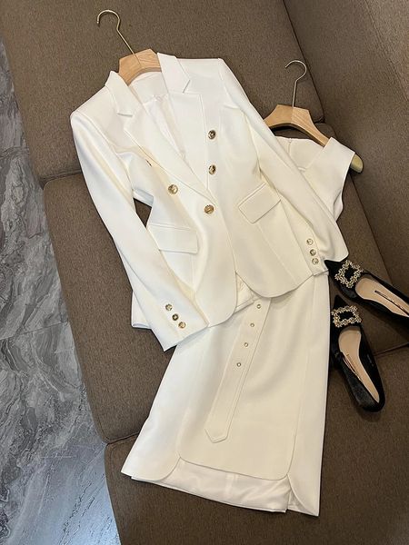 Robe deux pièces Femmes élégant mode costume blanc Blazer veste manteau haut et robe sans manches deux pièces ensemble tenue décontractée dames vêtements de fête 231016