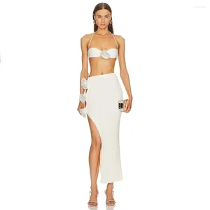 Robe deux pièces femmes élégant luxe sexy diamant fleur haut court moulante petite jambe jupe ensemble occasion formelle anniversaire soirée cocktail