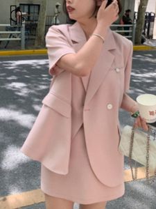 Deux pièces robe femmes élégant rose noir à manches courtes Blazer Suuit femme Mini jupes 2 ensemble coréen Simple doux été A-ligne jupe costume