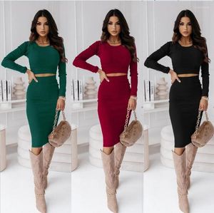 Vestido de dos piezas Mujer Elegante Slim 2 Set Otoño Invierno Manga larga O-cuello Bodycon Crop Top Falda lápiz Conjuntos casuales Fiesta Trajes para mujer