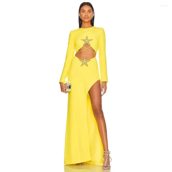 Vestido de dos piezas Moda para mujer Estrella de mar con cuentas Diamante Sexy Manga larga Top corto Falda lápiz 2 piezas Cumpleaños Noche Cóctel Club