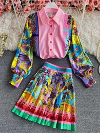 Deux pièces robe femmes mode luxe imprimé petit haut plissé Mini jupe printemps automne Vintage à manches longues boutons fête 2 ensembles 230203