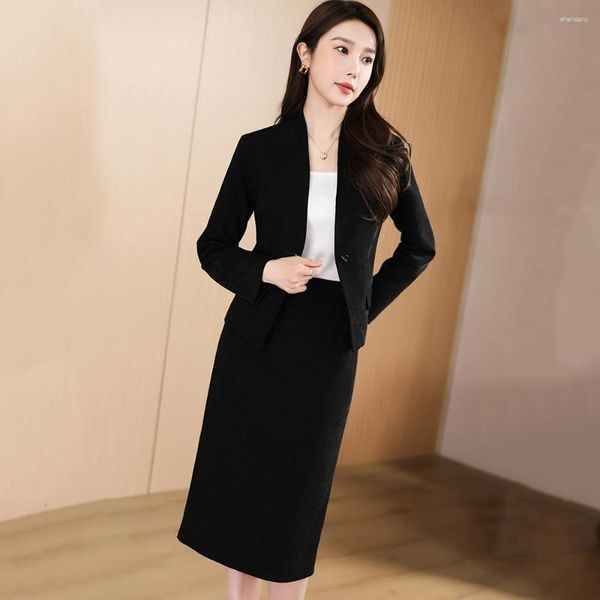 Robe de deux pièces femmes formelle jupe noire costumes printemps automne élégant bureau dame col en v profond blazer mince et crayon fendu vêtements d'affaires