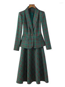 Robe de deux pièces femmes jupe formelle costume élégant dames vert café plaid à manches longues blazer a-ligne pour le travail d'affaires weartwo ensemble