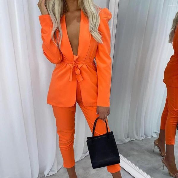 Vestido de dos piezas Mujeres Frente abierto Blazer Top Pantalón Otoño 2 Trajes de club sexy Conjunto de pantalones de corbata sólida Conjunto de traje naranja Ropa de calle