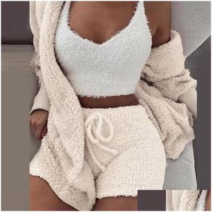 Robe de deux pièces Femmes Polyester Accueil Pyjamas Trois pièces Ensemble Doux Y Slee Hiver Peluche Casual Chambre Cardigan Blouse Pantalon Court Gilet D Dhzqw