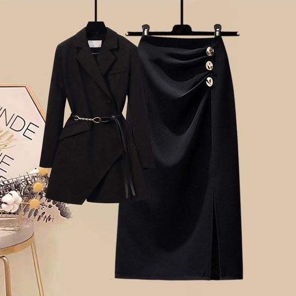 Robe deux pièces Femmes automne mode à manches longues jolie pochette manteau jupe mi-longue deux pièces coréen Chic élégant noir costume professionnel ensemble 230926