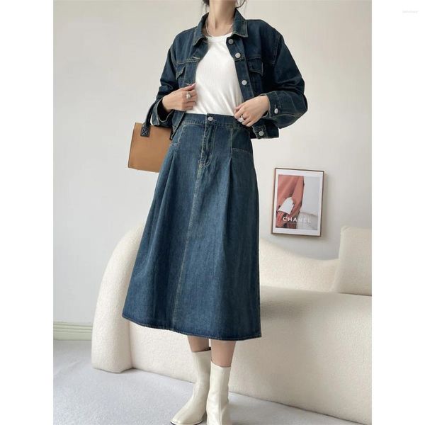 Robe en deux pièces pour femmes, jupe en jean, mode rétro décontractée, veste courte à simple boutonnage, mi-mollet, ligne a, ensemble assorti 2 pièces