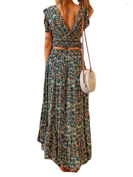 Robe deux pièces femme S Floral 2 tenues col en V dos nu à volants haut court et jupe Maxi ensemble été plage Clubwear (rouge bleu L)