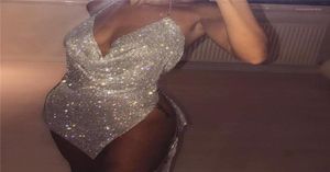 Robe en deux pièces Rhin Sequin Set Sparkly Gold Silver Salter Backless Deep V Crop Top Crystal Metal Split Mini Jirt15919143