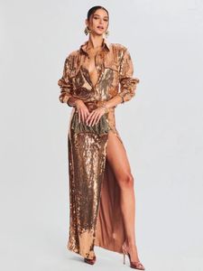 Tweede stuk jurk dames paillin set sexy gouden lange mouw bovenrand split rok elegant feest nachtclub