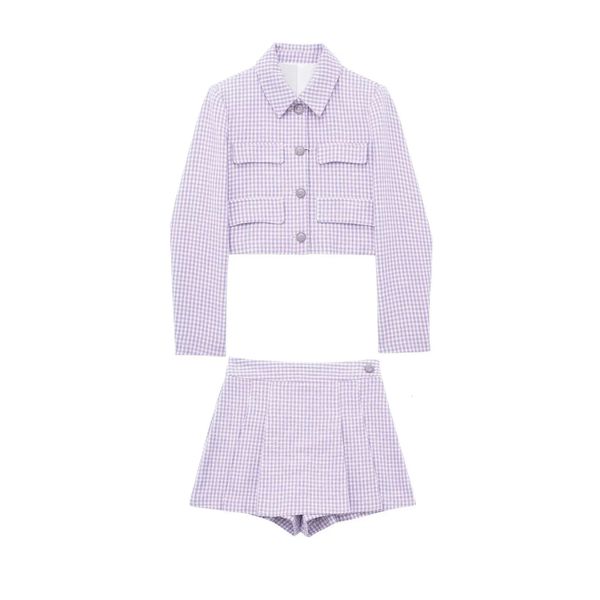 Robe deux pièces Costume femme jupes dames formel Blazer costume violet deux pièces ensembles Plaid élégant mode à manches longues couche de finition zatrafins veste 230927