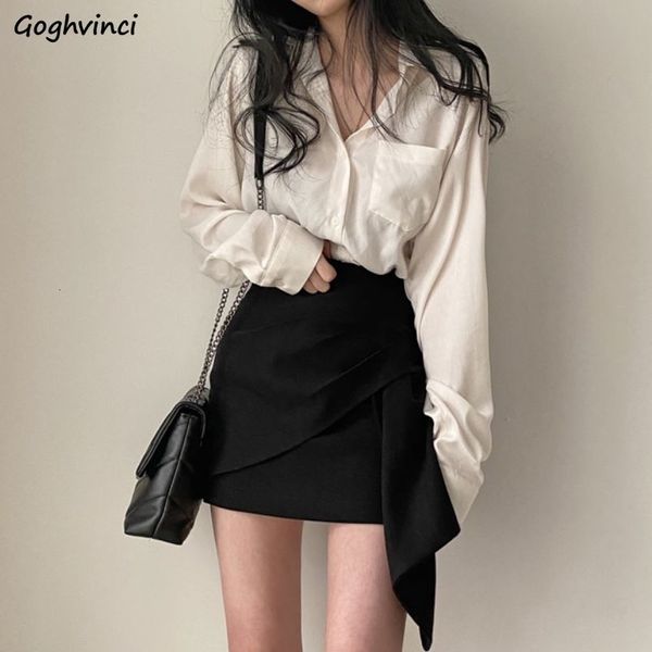 Robe de deux pièces femmes ensembles à manches longues chemises solides irrégulières mini jupes femmes OL mince sexy style coréen chic élégant mince 230209