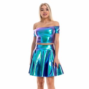 Tweedelige Jurk Vrouwen Rok Set Faux Leather Tank Tops Sexy Slash Neck Off Shoulder Metallic Crop Top Korte Vesten Stage Club Party Plooirok 230705