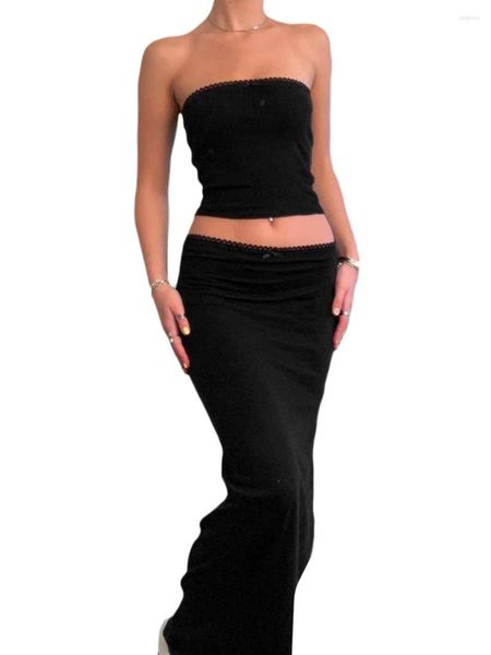 Vestido de dos piezas Conjunto de falda larga sin tirantes para mujer Y2k 2 Bodycon Crop Tube Top Faldas largas Trajes Ropa de playa de verano sexy (J-Black M)