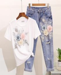 Dos piezas Dress Women Summer Casual Suity bordado 3d flores estampadas camisetas jeans 2 sets3753480