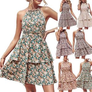 Tweedelige jurk vrouwen zomer mouwloze backless halter nek mini swing boho floral q240511