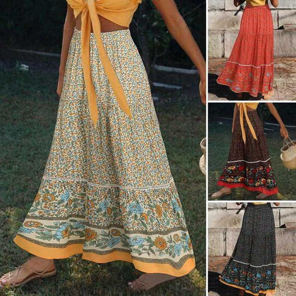 Robe de deux pièces Femme Summer Sundren Zanzea Bohemian Imprimé maxi jupes décontractées élastiques hautes vestiges