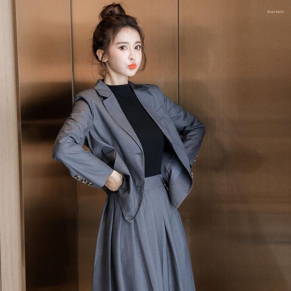 Deux pièces robe femmes doux ensembles coréen jupe plissée simple boutonnage Blazer costume femme affaires dames travail costumes