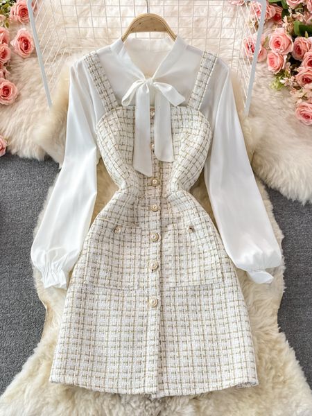 Robe deux pièces Femmes deux pièces ensemble mode coréenne col noué chemisier blanc et sangle Spaghetti simple boutonnage Mini robe en Tweed costumes 230228