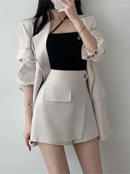 Vestido de dos piezas Mujer Vintage Sólido Chic Blazer Faldas Traje Verano Casual Elegante Abrigo de negocios Mini Saya Trajes Mujer Piezas formales Conjunto