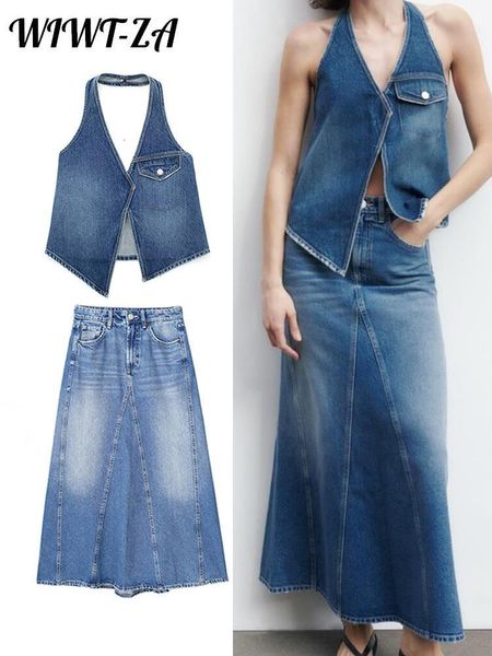 Vestido de dos piezas Mujeres Y2K Jeans Chaleco Faldas Conjuntos Casual Halter Backless Botones Pocket Tank Tops Mujer Elegante Aline Denim Falda Trajes 230509