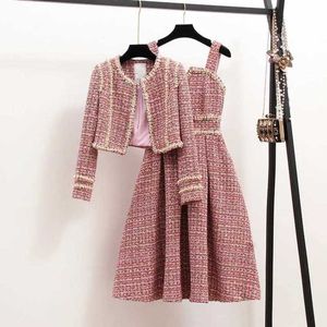 Tweedelige jurk dames elegante tweed luxe set parel jas en jurk tweedelige bijpassende set winter jacquard roze feestkledingc240407