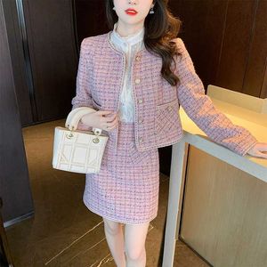 Tweedelige jurk dames elegante tweed parfum roze pak jas top en rok tweedelige winter jacquard feest mode luxe kledingc240407
