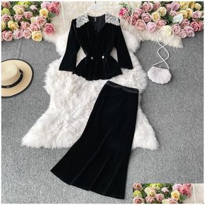 Vestido de dos piezas para mujer de encaje con cuello vuelto Veet Tela Peplum Top y falda larga midi de sirena Twinset Vestido de 2 piezas Traje Sml Drop D Dhynh