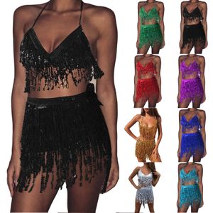 Robe deux pièces femmes sexy paillettes danse du ventre hanche écharpe gland frange mini jupe portefeuille et paillettes scintillantes bikini soutien-gorge haut Rave Party Clubwear 230509