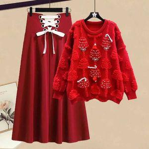 Tweede stuk Dames Winter Christmas Tree Red Set Jumper Sweater Top en Rok Tweedel delige kledingset FE Kleding Festival 2023 ClothingC240407