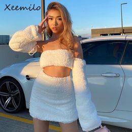 Tweedelige jurk Xeemilo Y2K effen kleur pluche outfits sexy gekruiste bandage off-shoulder crop tops middenmouwen met lage taille magere minirok 221123