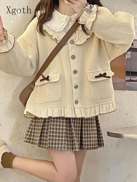 Robe de deux pièces xgoth automne japon soft girl cosits chauds en velours manteau femelle preppy peter pan corsh shirt jupe plissée en trois pièces 230422