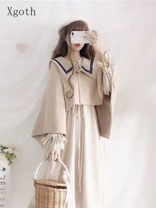 Tweedelige jurk Xgoth Kawaii Suits Spring herfst Japan Mooie schoolmeisje Dollar Collar Lange mouw Cape Shawl Two Piece Set 221010