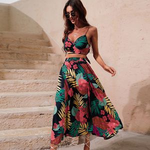 Robe Deux Pièces Y2K Bikini Crop Tops Robe Longue Sexy Ensemble pour Femmes Mode D'été Deux Pièces Jupe Plage Style Imprimé Floral Midi Sexy Boho Ensembles 230424