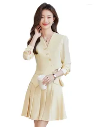 Tweedelige jurk gele pakken dames lente mode temperament zakelijke formele blazer en plooirok sets kantoor dames werkkleding