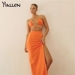 Vestido de duas peças yiallen verão camisola duas peças saia conjunto moda casual festa férias praia sólida costela malha saia longa conjunto 230130