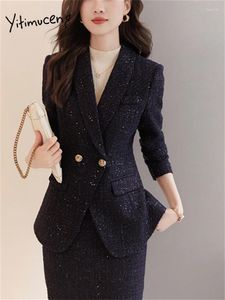 Tweedelige jurk Yitimuceng Mode formele rokkostuums Dames Office Lady Turn Down Kraag Double Breasted Blazer Chic Mini Sets