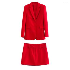 Tweede stuk jurk Zatrhmbm 2023 Chic Fashion Slim Red Women Blazer Vintage lange mouw jasje Patch Pocket Pocket Pocket Ladies Outerwear Stijlvolle tops