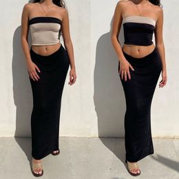 Tweedelige jurk Zhymihret Elegante omkeerbare buis Top en spleet Midi Rok Damessets 2023 Zomer Patchwork Set Female Beach 230425