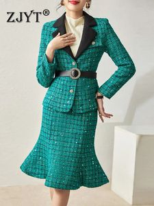 Robe de deux pièces ZJYT Automne Hiver Luxe Paillettes Tweed Veste En Laine Trompette Jupe Costume pour Femmes Fête Élégante Tenue Ensembles 231024