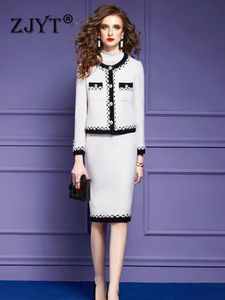 Robe de deux pièces ZJYT Designer hiver Tweed veste en laine jupe ensembles femmes 2 tenues élégant blanc bureau dame costume de fête 5XL vêtements 231024