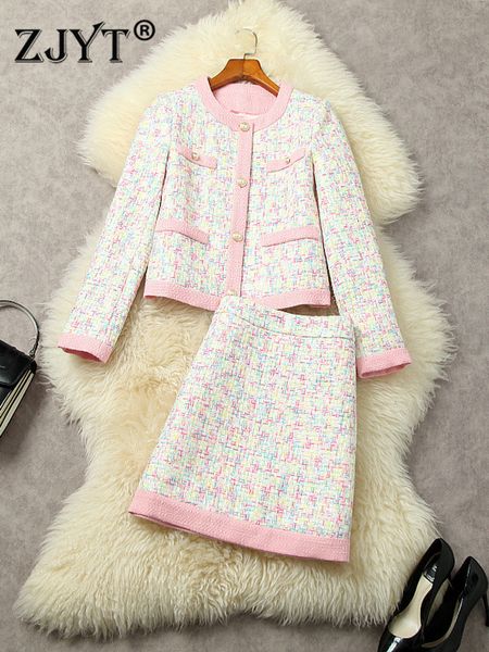 Robe de deux pièces Zjyt Designer de luxe Tweed Wooolen Jacket Jupe Set Femmes Pink Pieces Outfits Automne Vêtements d'hiver Suisse de fête élégante 221122