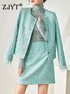 Robe deux pièces ZJYT luxe paillettes vert Tweed veste et jupe costume deux pièces femmes tenue automne hiver élégant bureau robe de soirée ensembles 231212