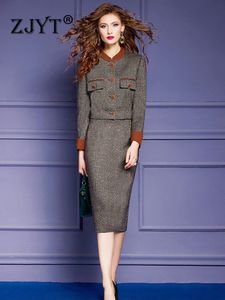 Tweedelige jurk ZJYT Luxe Tweed Wollen jas en rok Pak Dames Herfst Winter Vintage Sets Elegant Office Party Outfit 231018